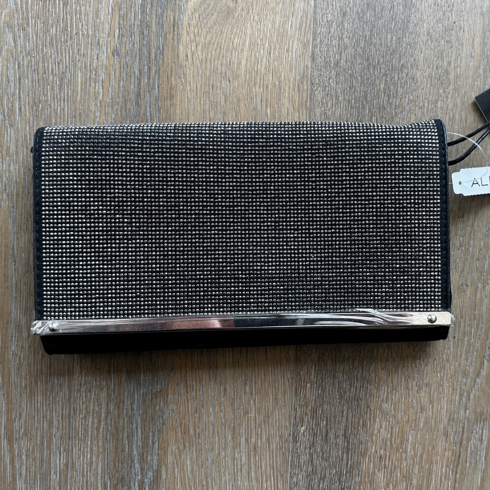 NWT Aldo Black Suede Rhinestone Studded Clutch